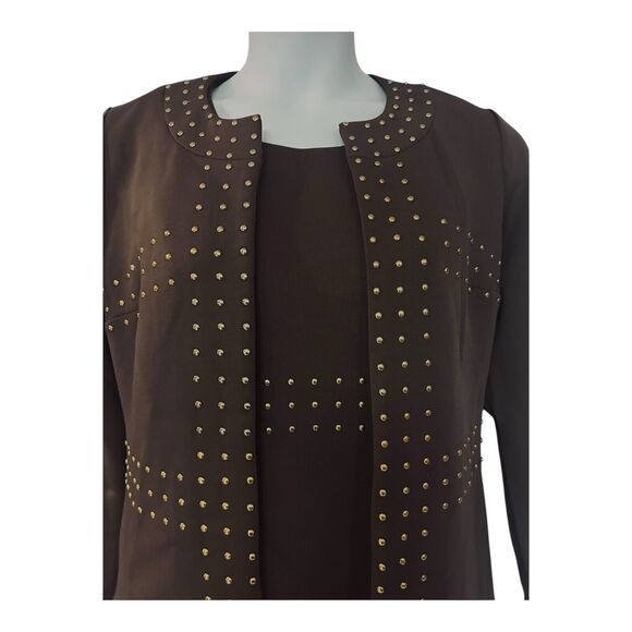 Midnight Velvet Scuba Knit Desk to Dinner Office Cocktail Party Brown Pant Suit - Picture 9 of 16